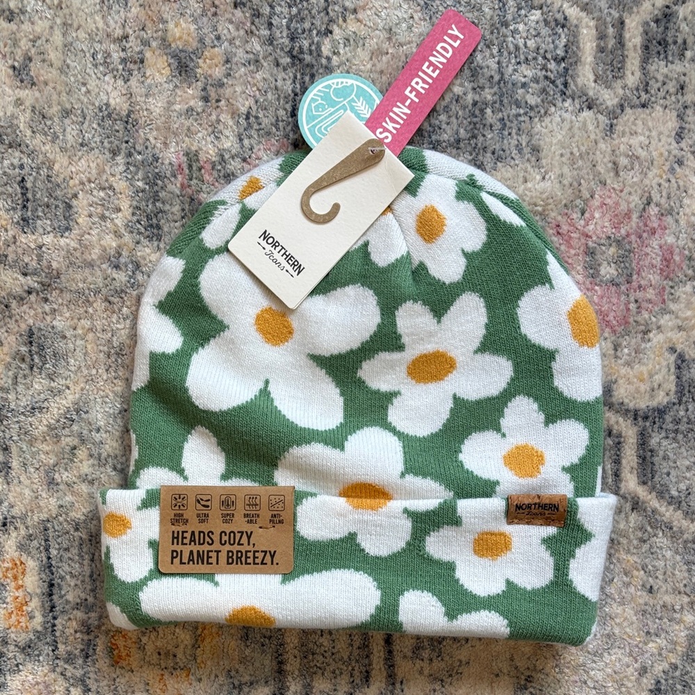 Green and White Floral Beanie, new with tags